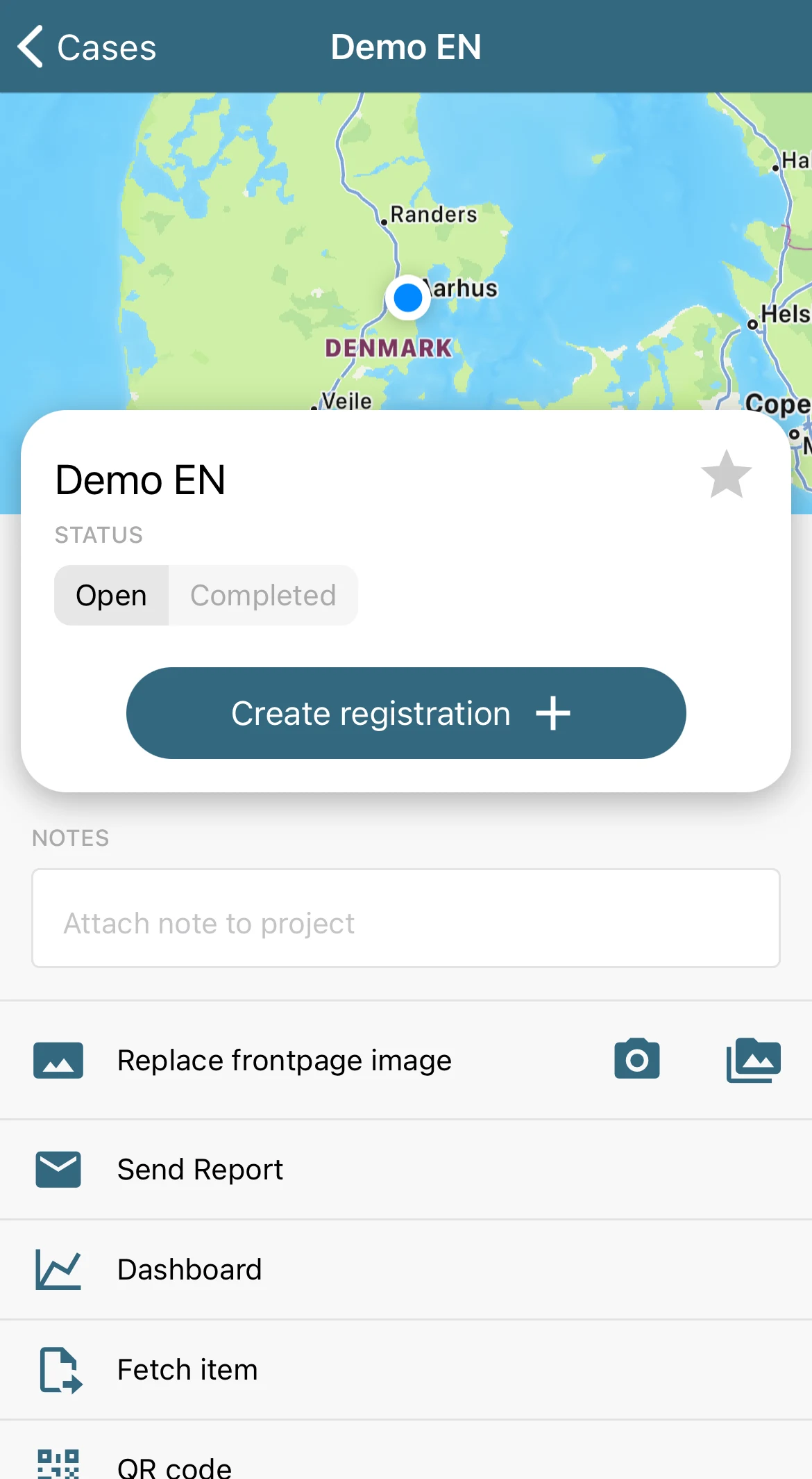 QReport on mobile: the Demo EN case shown on a map with a Create registration button and menu items for Send Report, Dashboard and QR code.